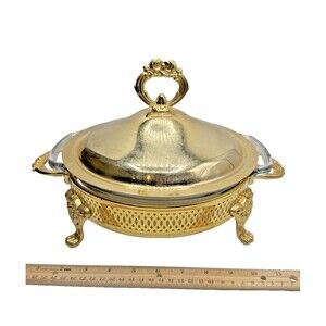 Vintage 9” Anchor Hocking Gold Plate Dish, Tray and Lid Food Server 3 Piece